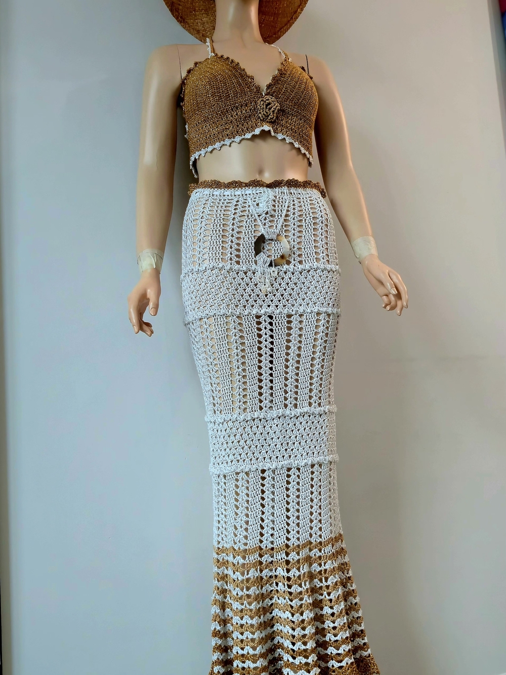 Cotton Crochet Maxi Set Dress in White and Tan - Boho Beachwear Dize S/M Cup C